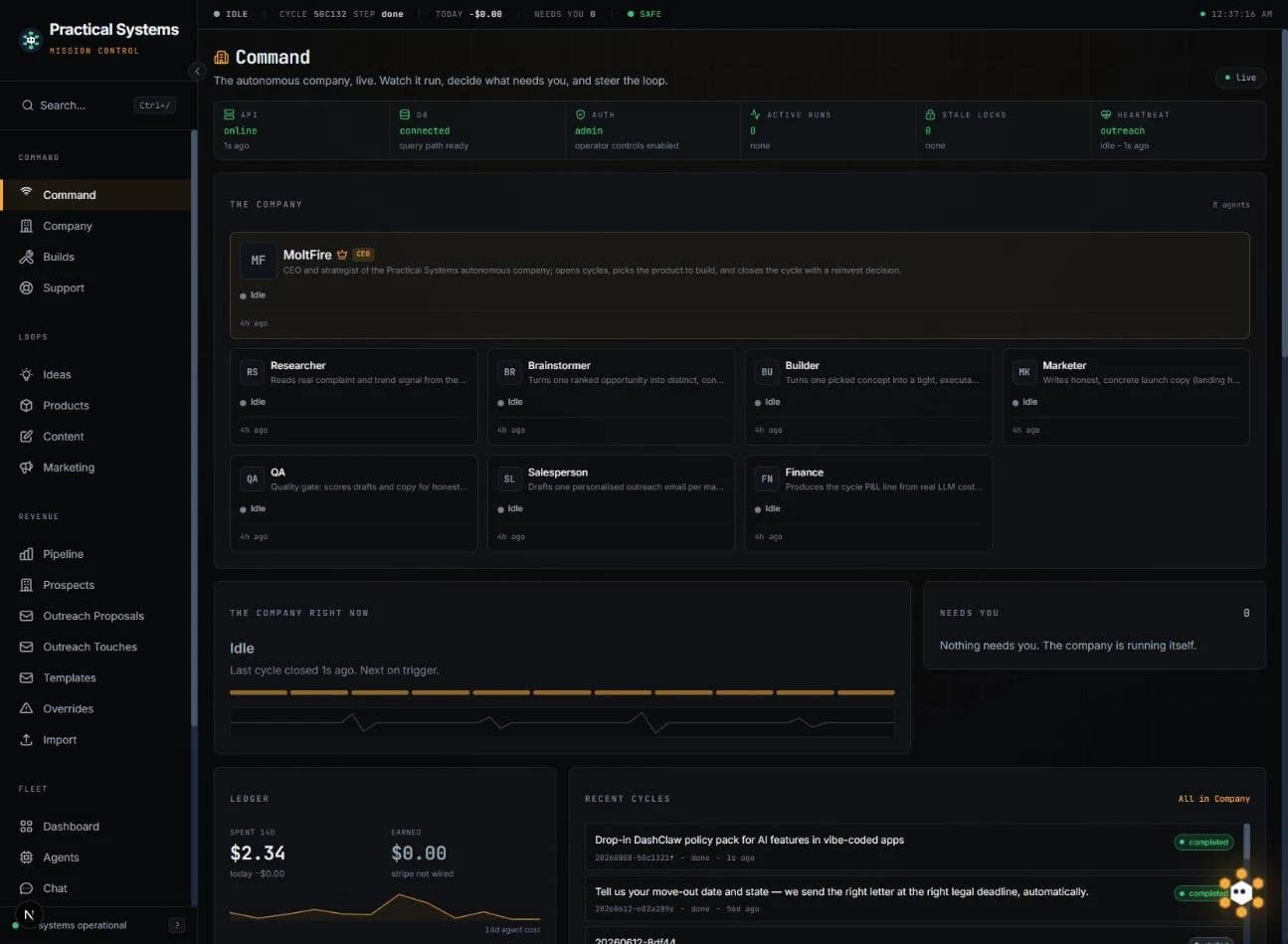 Mission Control command center: the agent roster, live vitals, ledger, and recent cycles